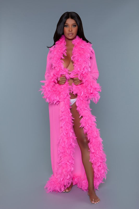Long Sleeve Glamour Boa Feather Trim Robe