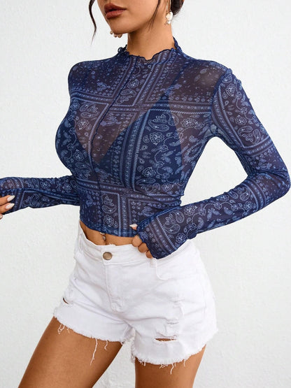 Paisley Mock Neck Long Sleeve Sheer Top