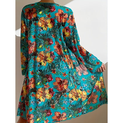 Knotted Flower Print High Waist Three Piece Bikini Swimsuit Set with Long Sleeved Sun Protection Cover Up