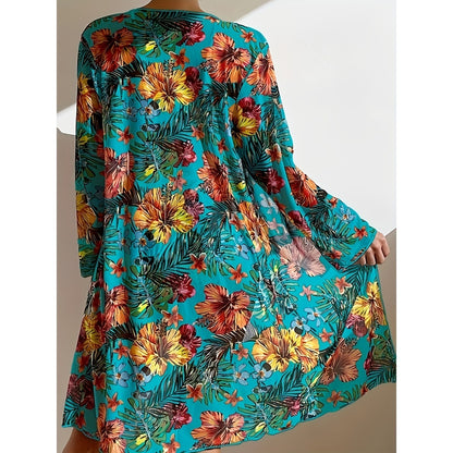 Knotted Flower Print High Waist Three Piece Bikini Swimsuit Set with Long Sleeved Sun Protection Cover Up