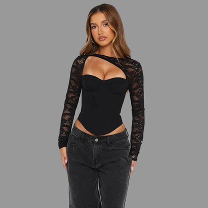 Lace Long Sleeve Top - Black Fitted Waistband - Fashions Envy