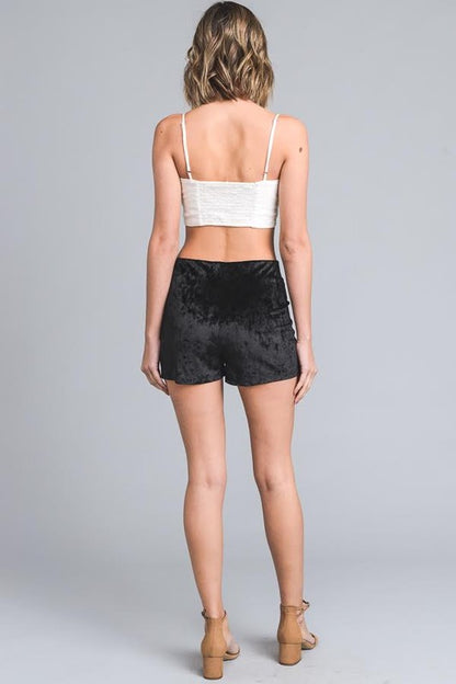 Black Stretch Solid Velvet Tie Front Shorts