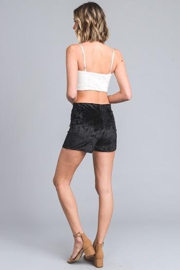 Black Stretch Solid Velvet Tie Front Shorts