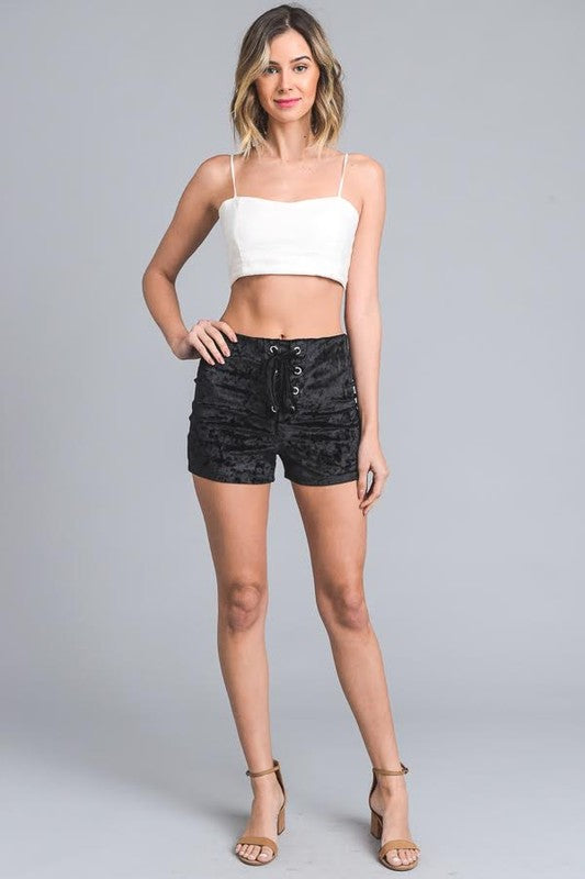 Black Stretch Solid Velvet Tie Front Shorts