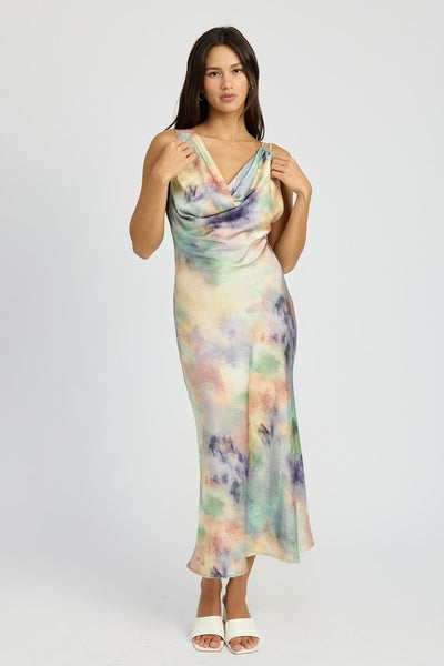 Multi Peach Cowl Neck Bias Midi Dress