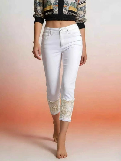 Lace Trimmed Capri Jeans - Pocketed Buttoned Pants