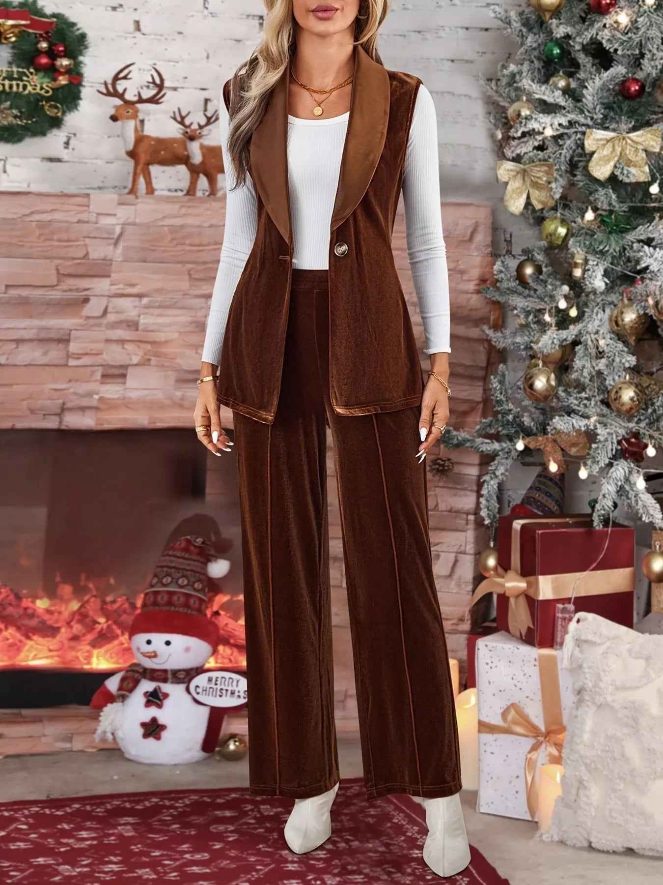 Velvet Two-Piece Set - Tie Waist Vest & Wide Leg Pants - Fashions Envy