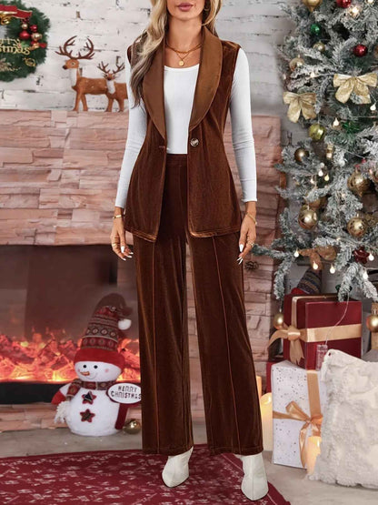 Velvet Two-Piece Set - Tie Waist Vest & Wide Leg Pants - Fashions Envy