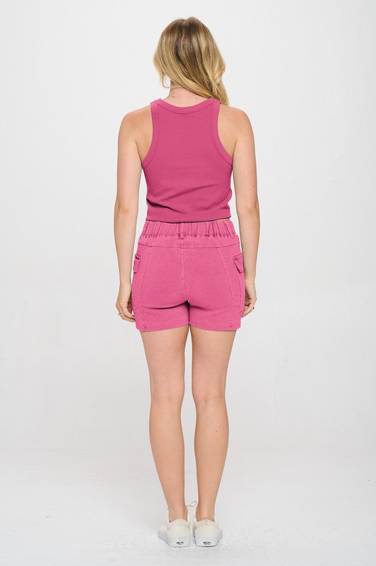 Elastic Waist Cargo Twill Washed Color Shorts