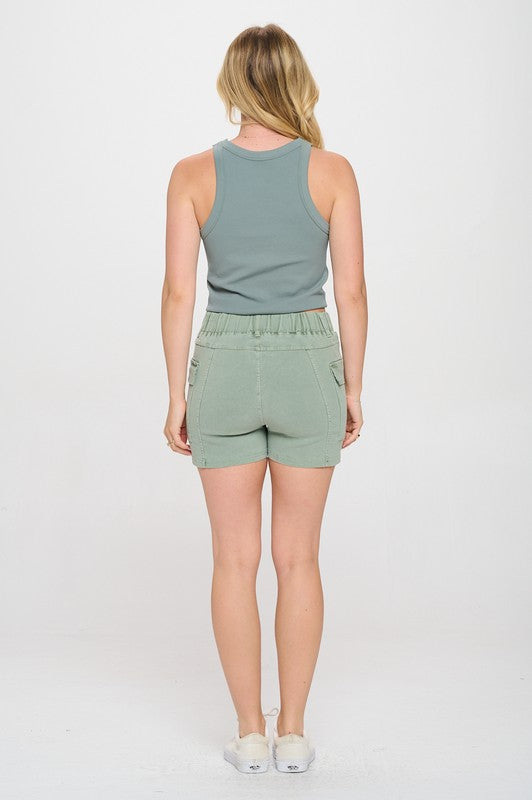 Elastic Waist Cargo Twill Washed Color Shorts