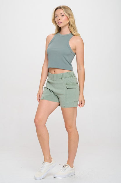 Elastic Waist Cargo Twill Washed Color Shorts