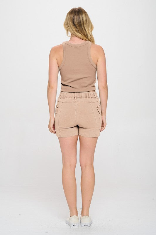 Elastic Waist Cargo Twill Washed Color Shorts