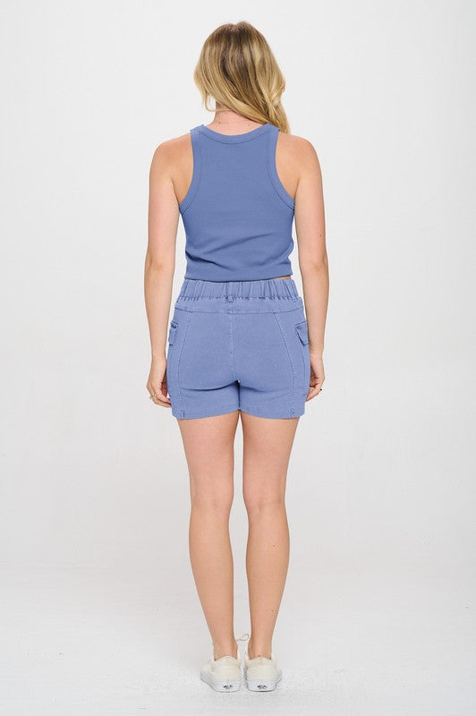 Elastic Waist Cargo Twill Washed Color Shorts