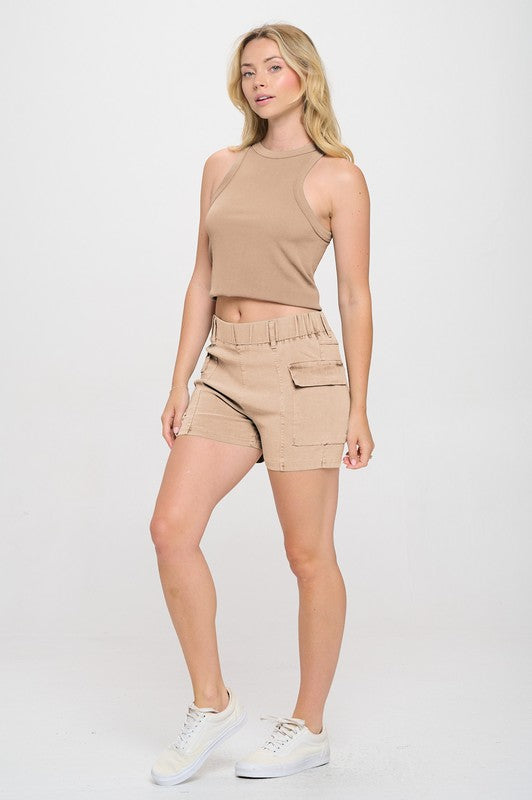 Elastic Waist Cargo Twill Washed Color Shorts