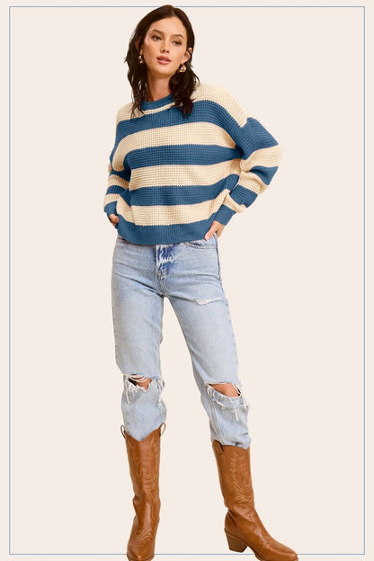 Striped Round Neck Loose Fit Casual Sweater