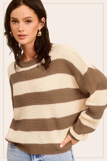 Striped Round Neck Loose Fit Casual Sweater