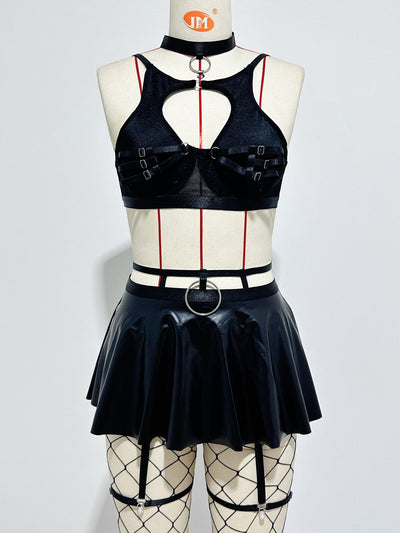 Lingerie Skirt Set - Lace Bra with Fishnet Stockings - Fashions Envy