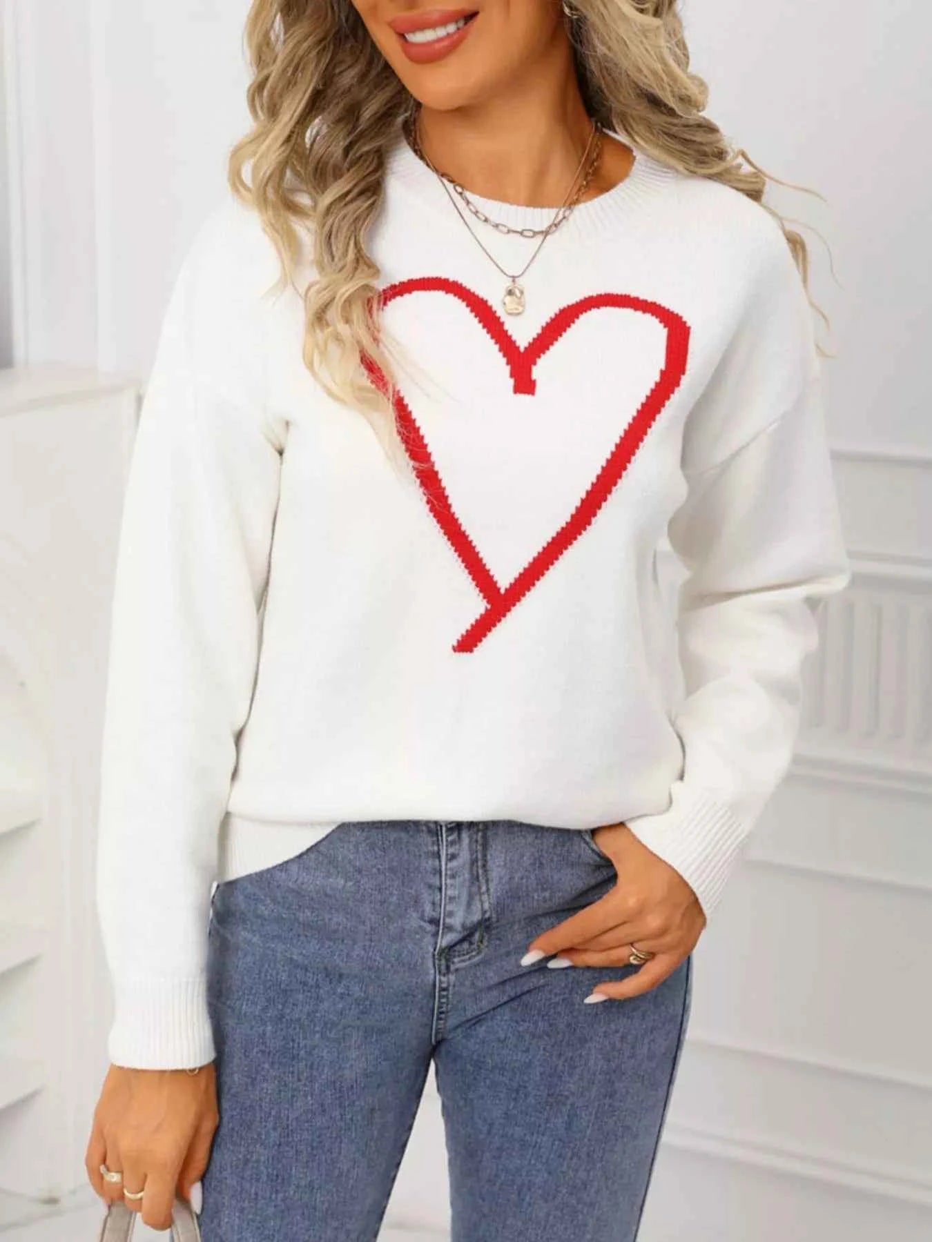 Valentine's Day Heart Graphic Dropped Shoulder Sweater - Fashions Envy