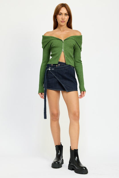 Zip Front Bardot Off-Shoulder Top