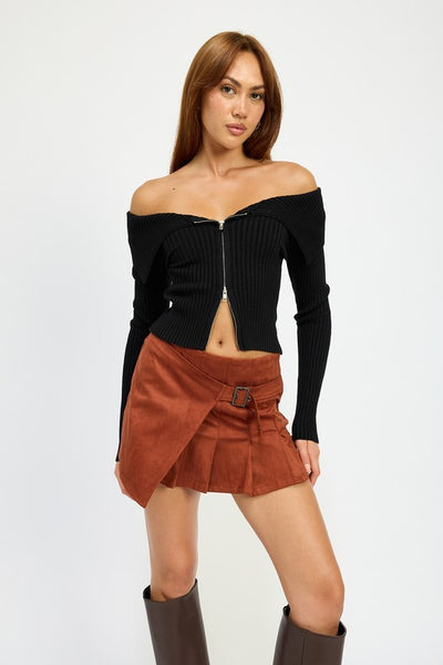 Zip Front Bardot Off-Shoulder Top - Fashions Envy