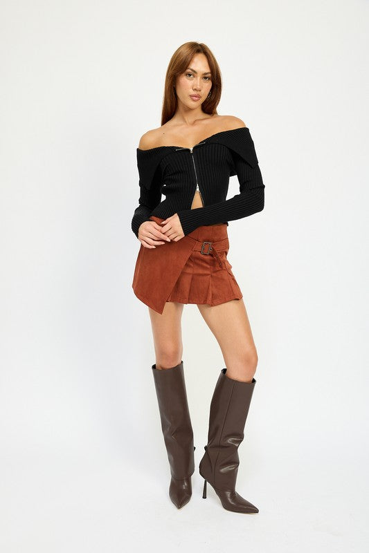 Zip Front Bardot Off-Shoulder Top