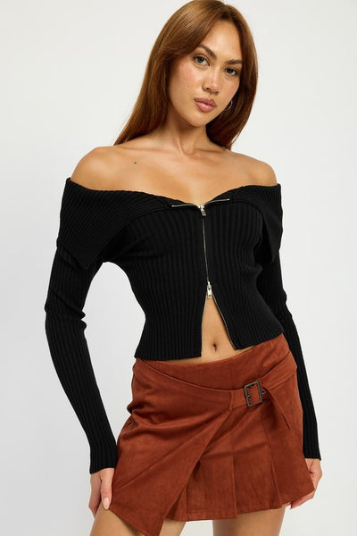 Zip Front Bardot Off-Shoulder Top - Fashions Envy