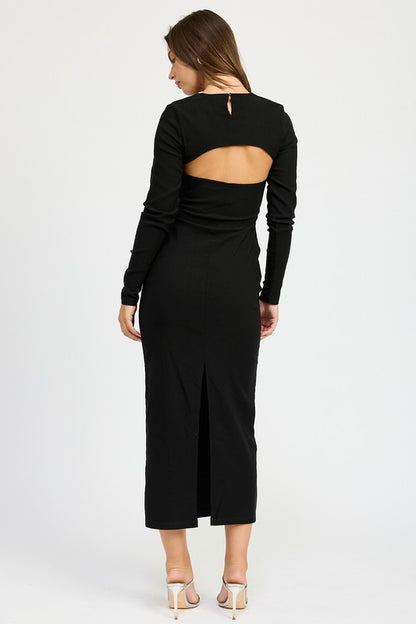 Long Sleeve Cut Out Style Black Midi Dress