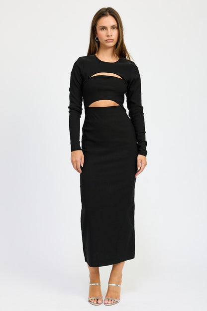 Long Sleeve Cut Out Style Black Midi Dress