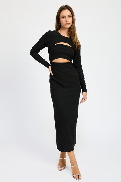 Long Sleeve Cut Out Style Black Midi Dress