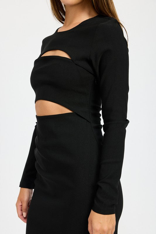 Long Sleeve Cut Out Style Black Midi Dress