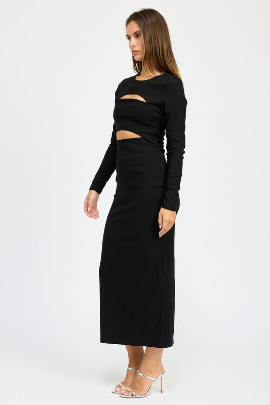 Long Sleeve Cut Out Style Black Midi Dress