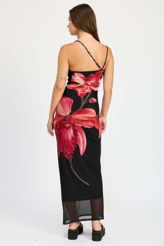 Asymmetric Shoulder Ruched Flower Maxi Dress