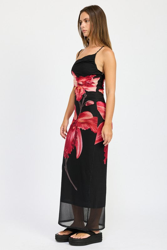 Asymmetric Shoulder Ruched Flower Maxi Dress