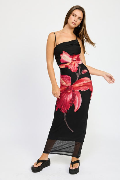 Asymmetric Shoulder Ruched Flower Maxi Dress