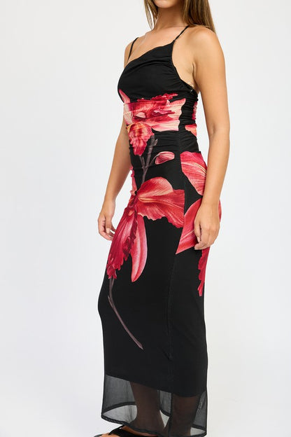 Asymmetric Shoulder Ruched Flower Maxi Dress