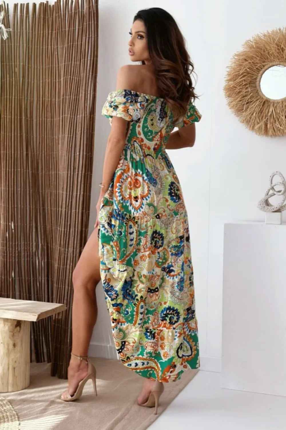 Smocked Bodice Maxi Dress - Printed Short Sleeve Flowy
