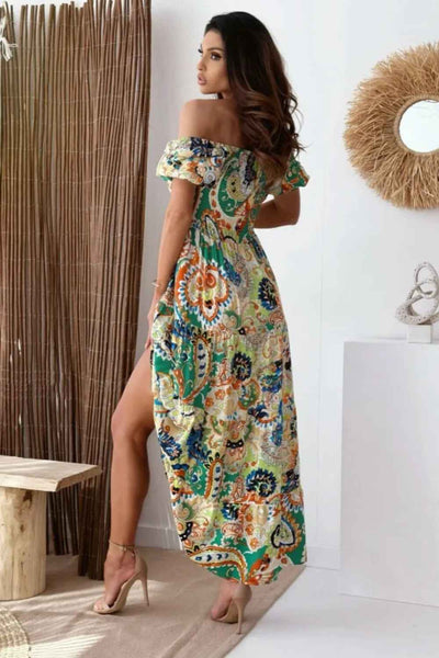 Smocked Bodice Maxi Dress - Printed Short Sleeve Flowy