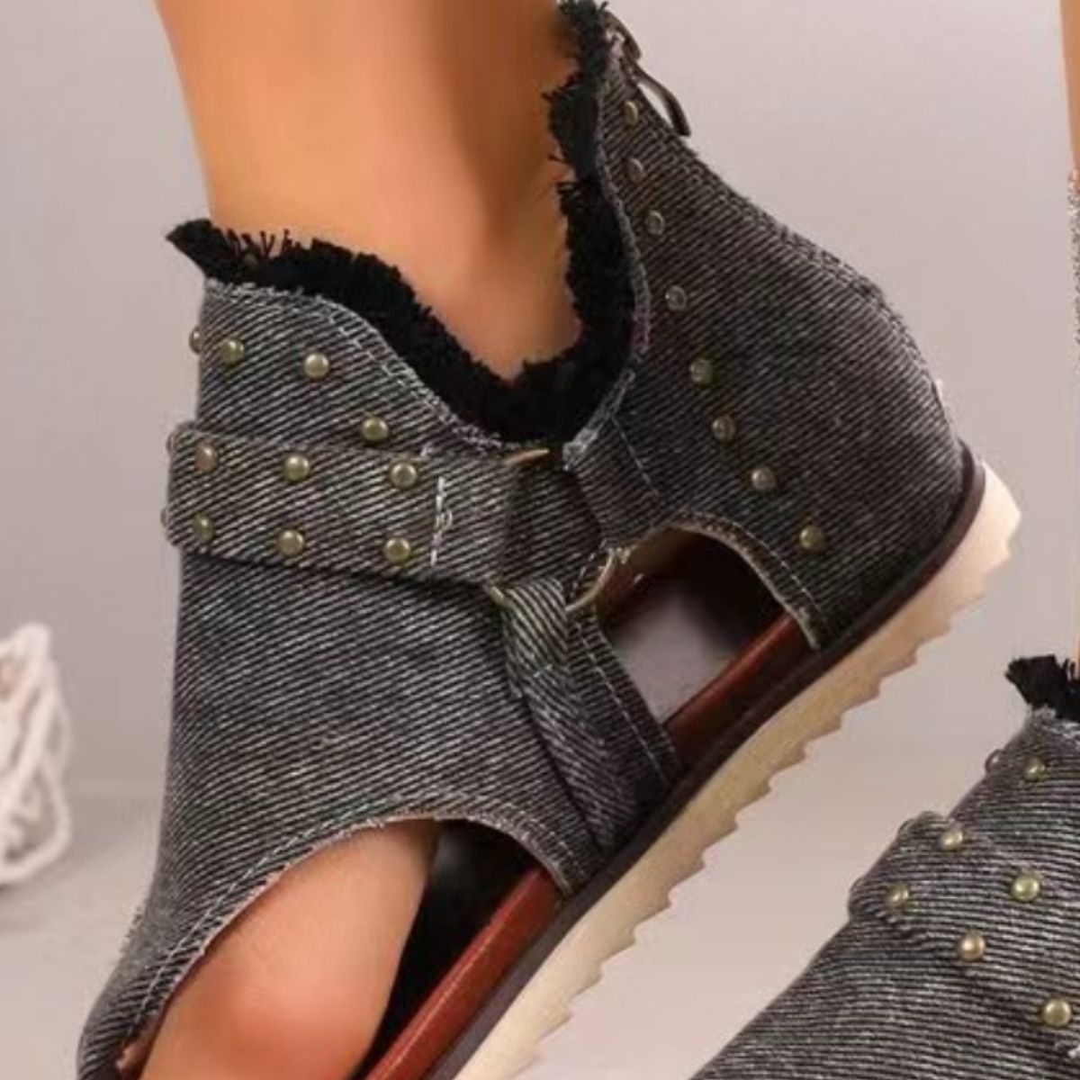 Studded Raw Hem Flat Sandals - Fashions Envy