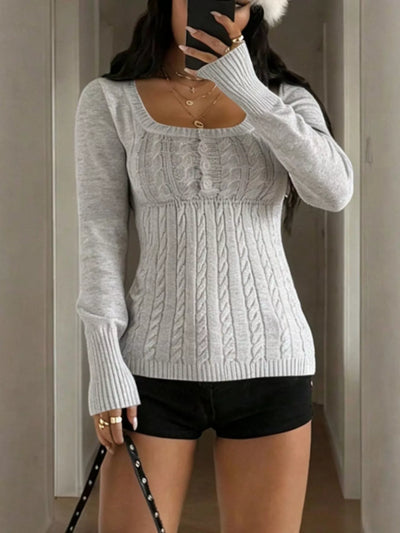 Fitted Sweater - Cable Knit Button-Front - Fashions Envy
