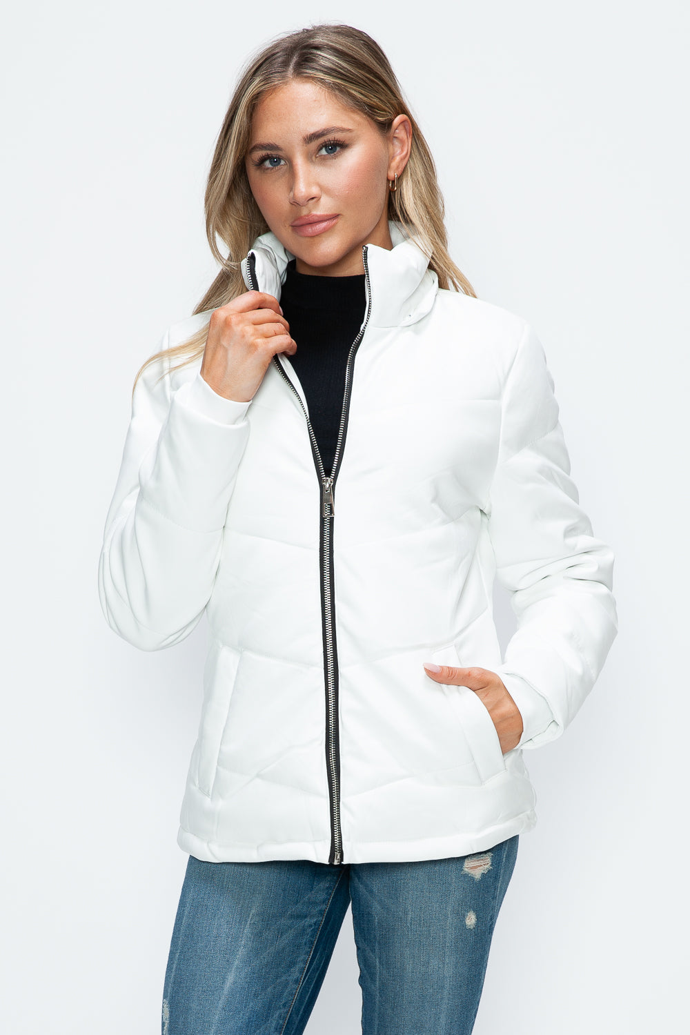 White Pocketed Zip Up Puffer Jacket with Removable Hood