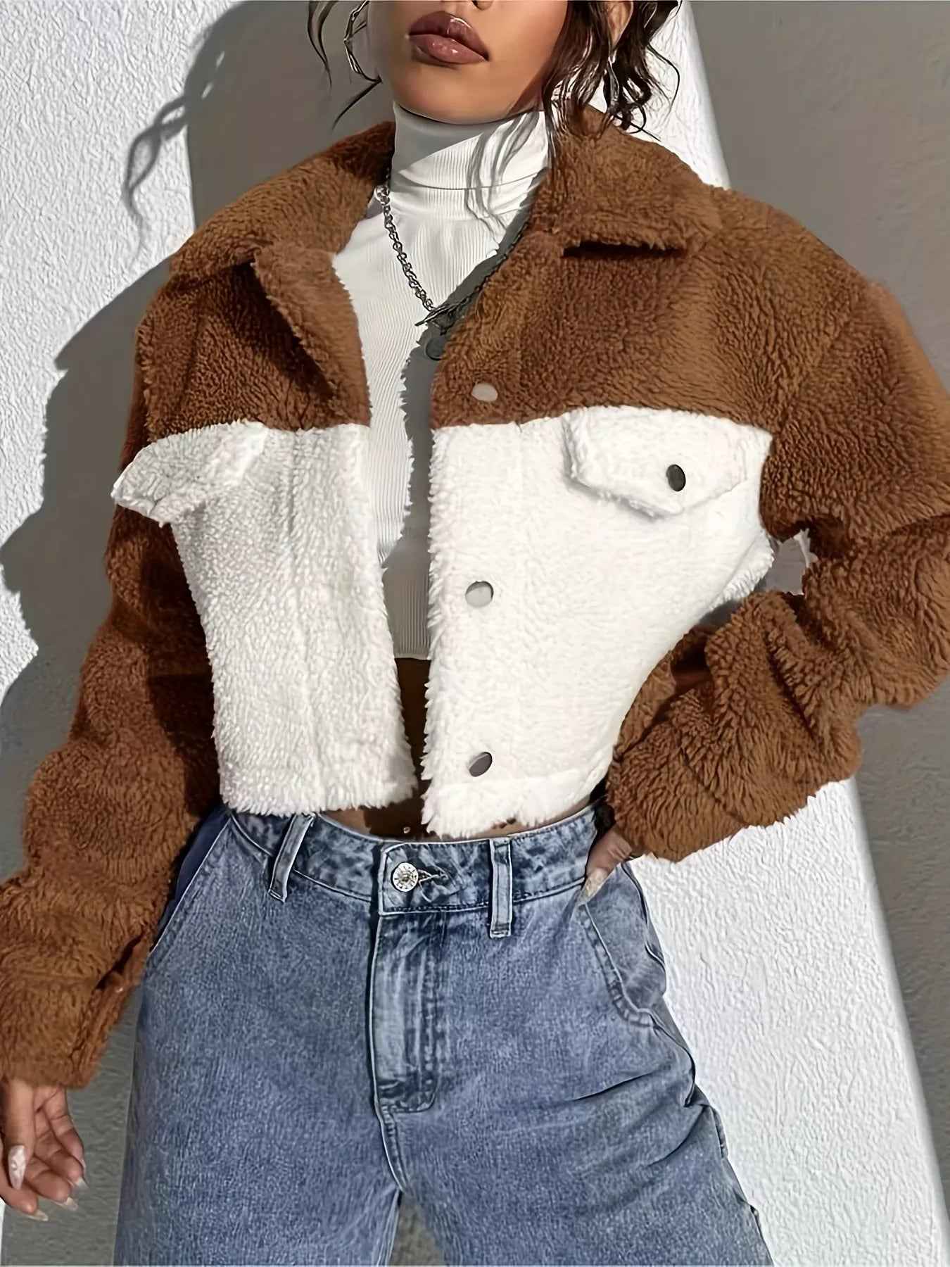 Two-Tone Plush Cropped Jacket - Cozy Button-Up Style - Fashions Envy