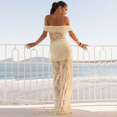 Sheer Mesh and Lace Maxi Dress - Sleeveless Off-Shoulder