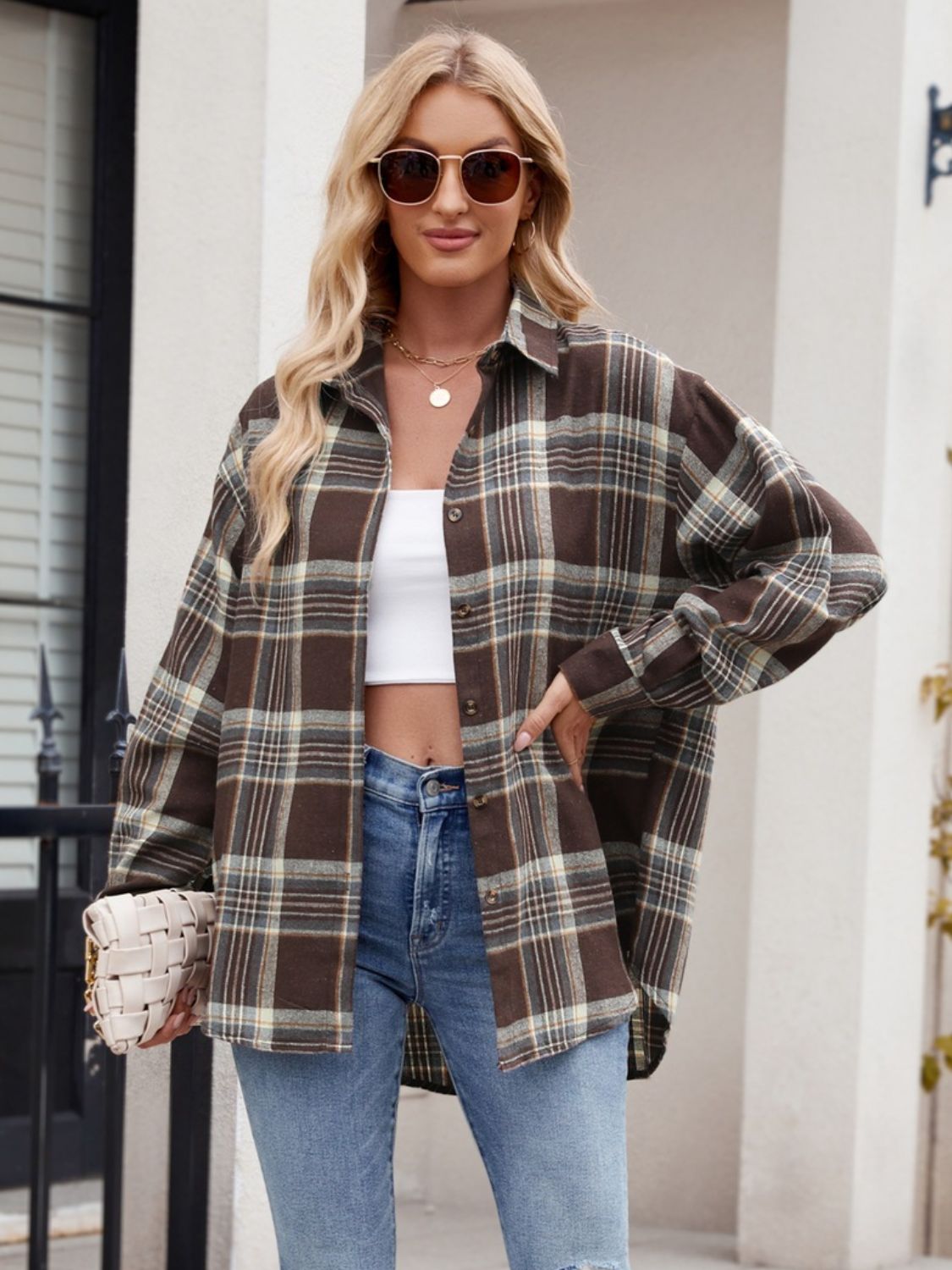 Mandy Pocketed Plaid Collared Neck Long Sleeve Shirt - Fashions Envy