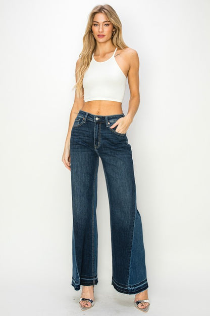 High Rise Color Block Stretch Wide Leg Denim Jeans