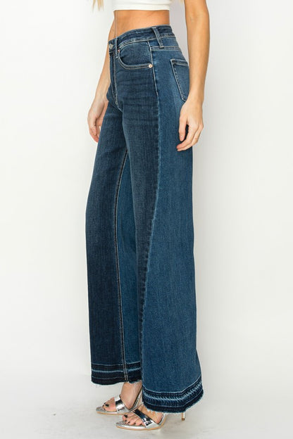 High Rise Color Block Stretch Wide Leg Denim Jeans