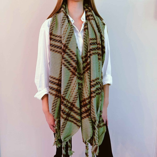 Braided Fringe Warm Plaid Cozy Scarf