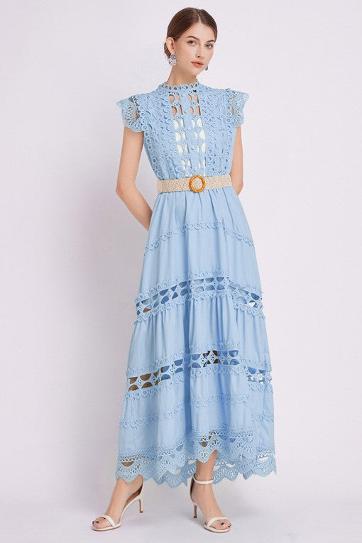 Embroidered Ruffle Sleeveless Trim Waist Belted Maxi Dress