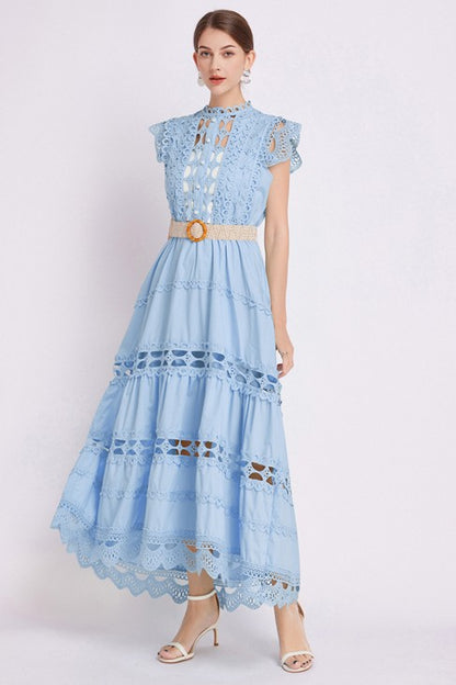 Embroidered Ruffle Sleeveless Trim Waist Belted Maxi Dress