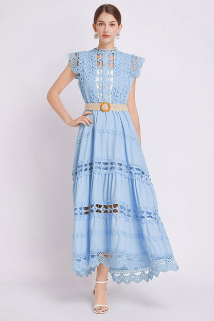 Embroidered Ruffle Sleeveless Trim Waist Belted Maxi Dress