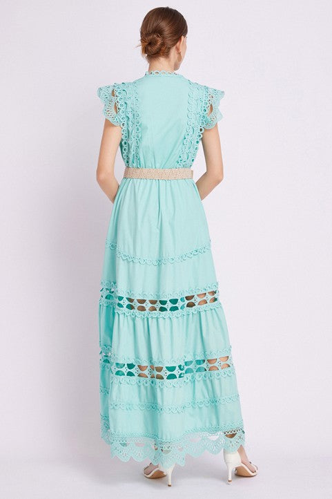 Embroidered Ruffle Sleeveless Trim Waist Belted Maxi Dress